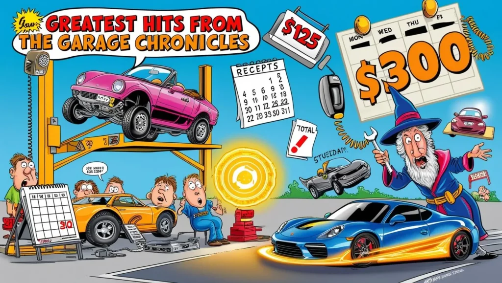 Cartoon-style illustration showing exaggerated car service issues, inspired by real complaints featured on Stan McNabb Chevrolet Review — includes overpriced repairs, falling vehicle lifts, unanswered calls, and confused mechanics in a humorous layout.