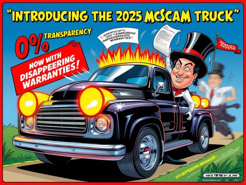Satirical car ad illustration featuring a fictional 2025 truck with exaggerated warning lights, a magician-like salesman, and disappearing service staff — inspired by content from Stan McNabb Chevrolet Review.